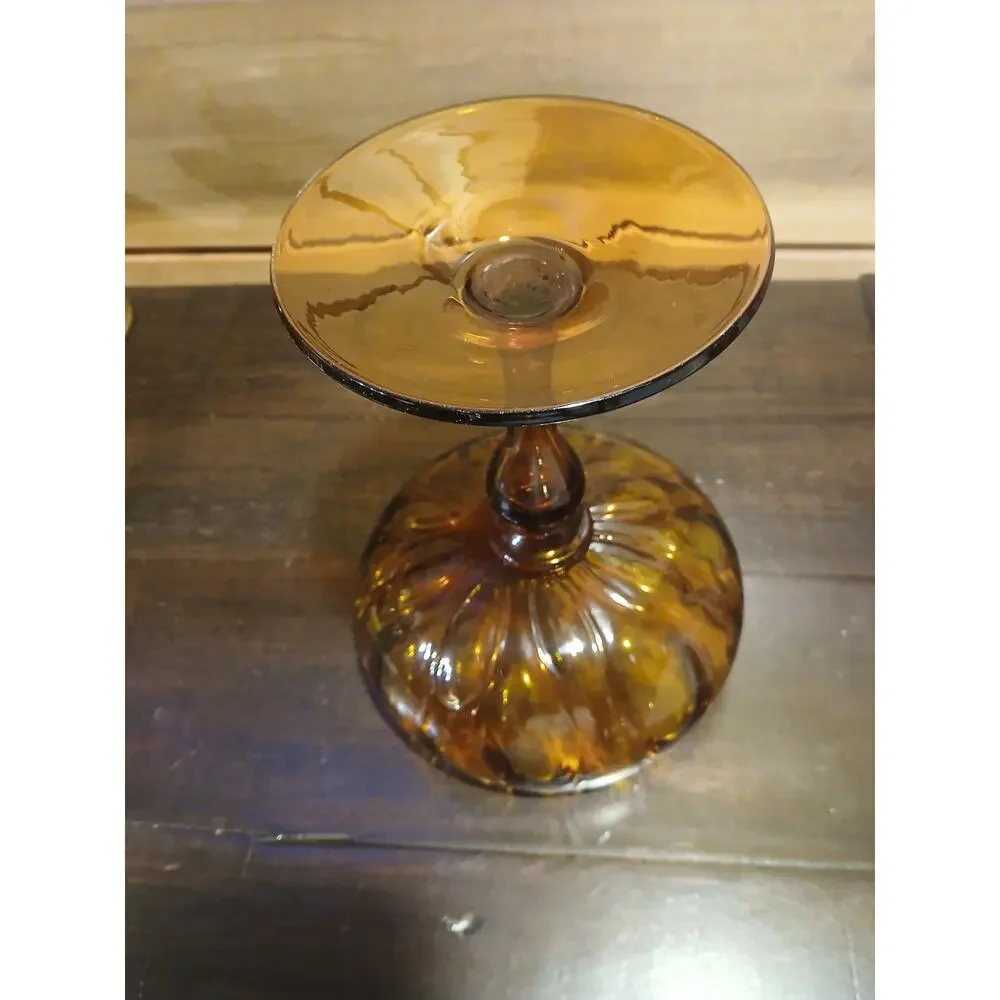 VTG Italian Empoli Amber Optic Glass Compote MCM Hand-Blown, Polished Pontil